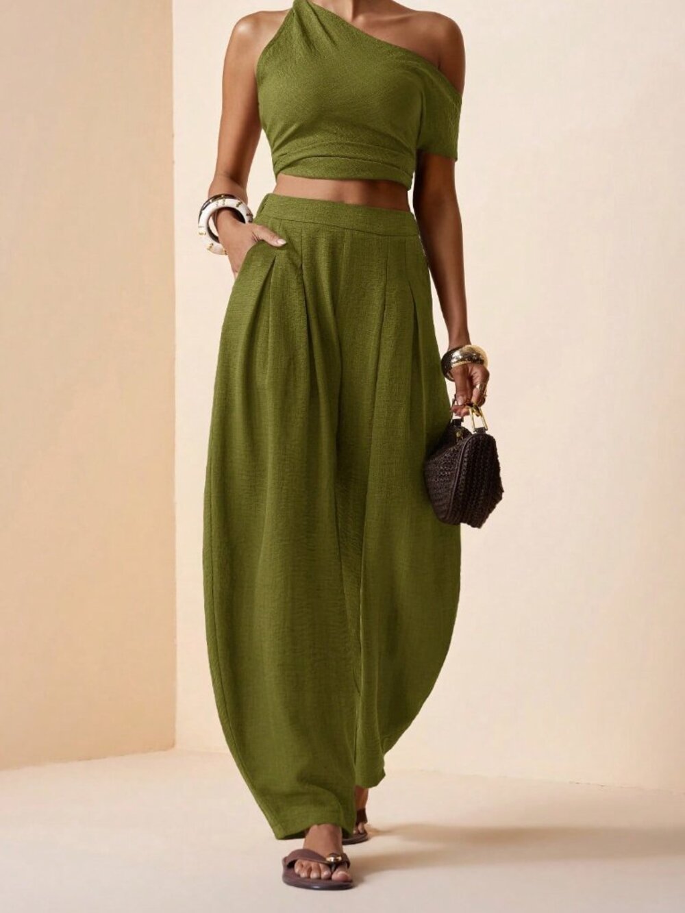 Army Green Casual Women's French-Style Pleated Pants - Picture 6 of 8